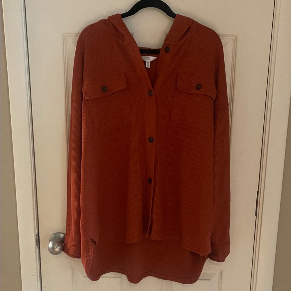 Time and Tru Rust Button-Up Shirt with hood